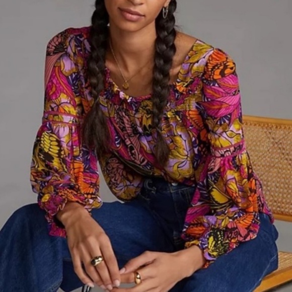 ANTHROPOLOGIE Alexandra Farmer Puff Sleeved Blouse Smocked Pullover Top XS - Picture 1 of 13